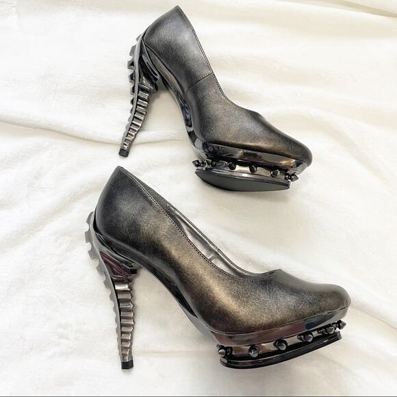 Hades Predator pewter chrome heels steampunk 9 spiked leather gray - Picture 5 of 9